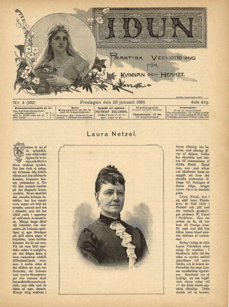 Prima pagina della rivista "Idun" con foto e biografia della compositrice in primo piano.